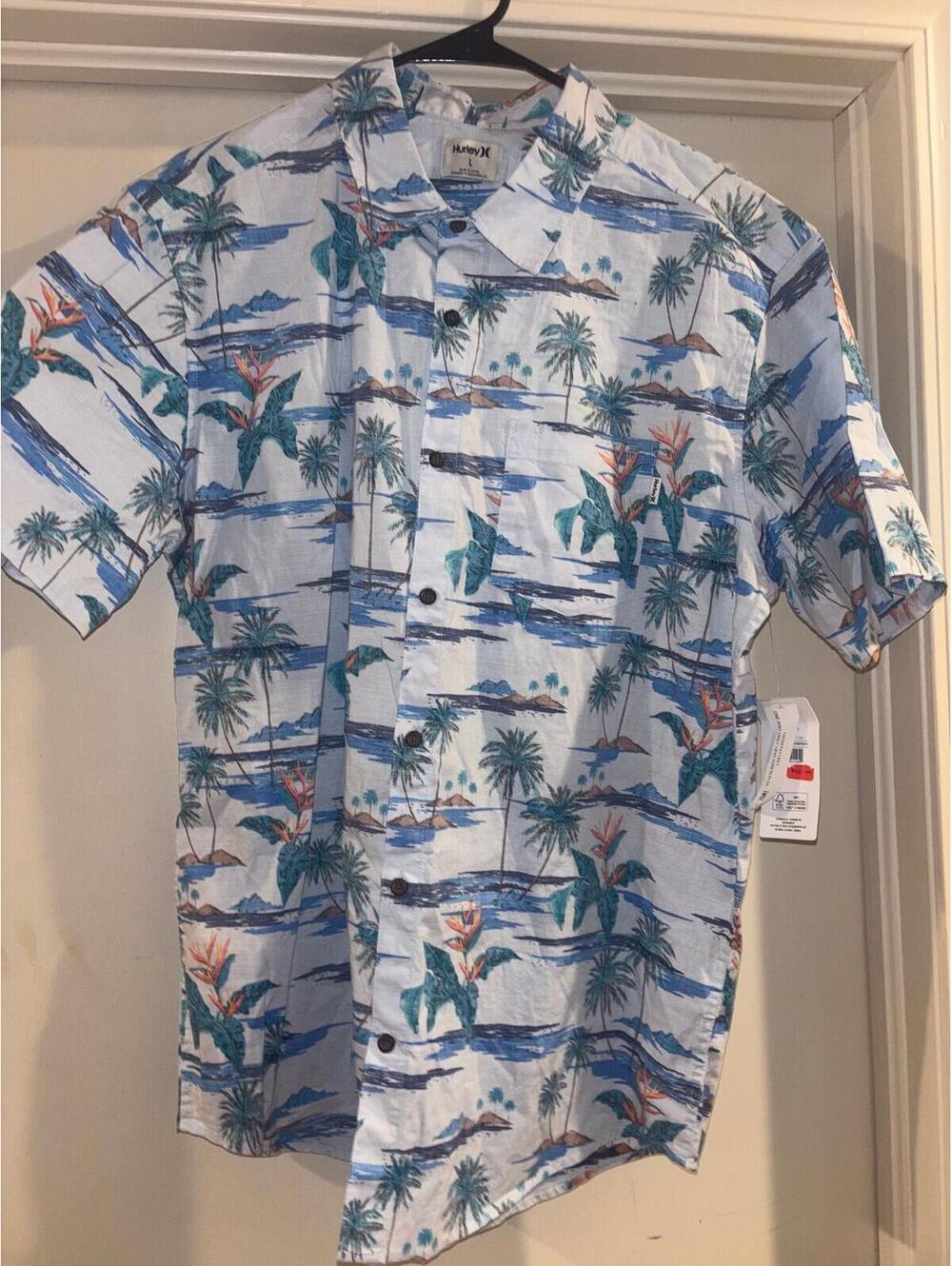 Hurley Men’s Large Hawaiian Palm Button Shirt NWT